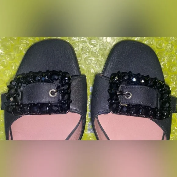 VINTAGE PRADA RAFFIA BEADED BUCKLE KITTEN HEELS - Picture 3 of 9